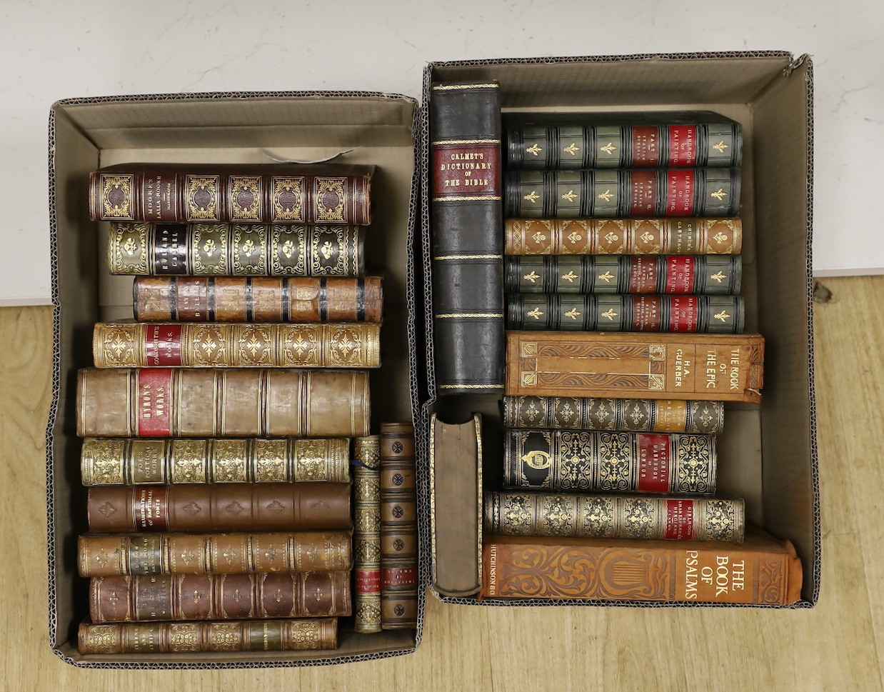 A large quantity of leather bound books including Tracts For The Times, Caroline of Anspach by W.H. Wilkins, Don Quixote, Lives of The Engineers Smile, Pendennis etc.